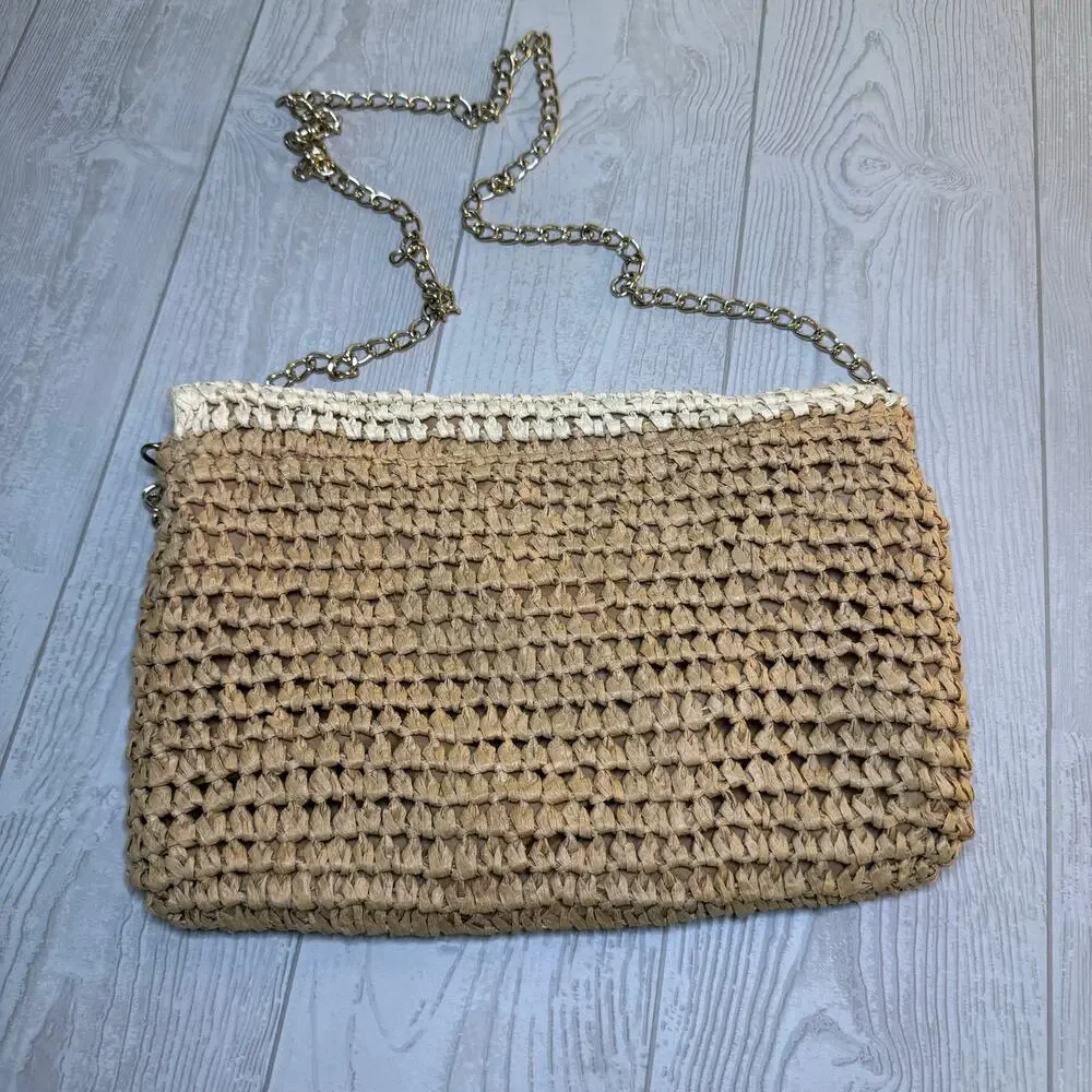 Women's Paper Straw Natural Crossbody Purse Bag With Chain Strap Summer Beach